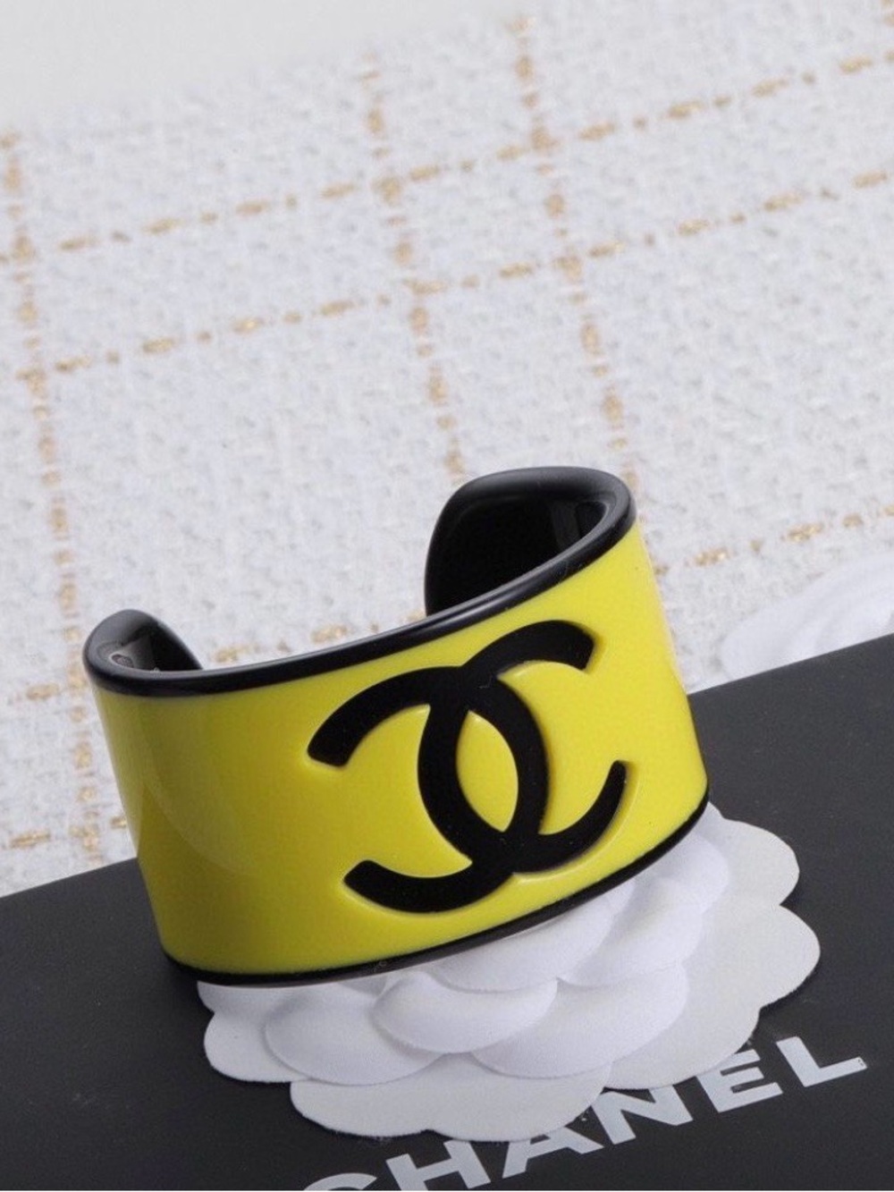 Chanel Yellow and Black Enamel Logo Cuff Bracelet